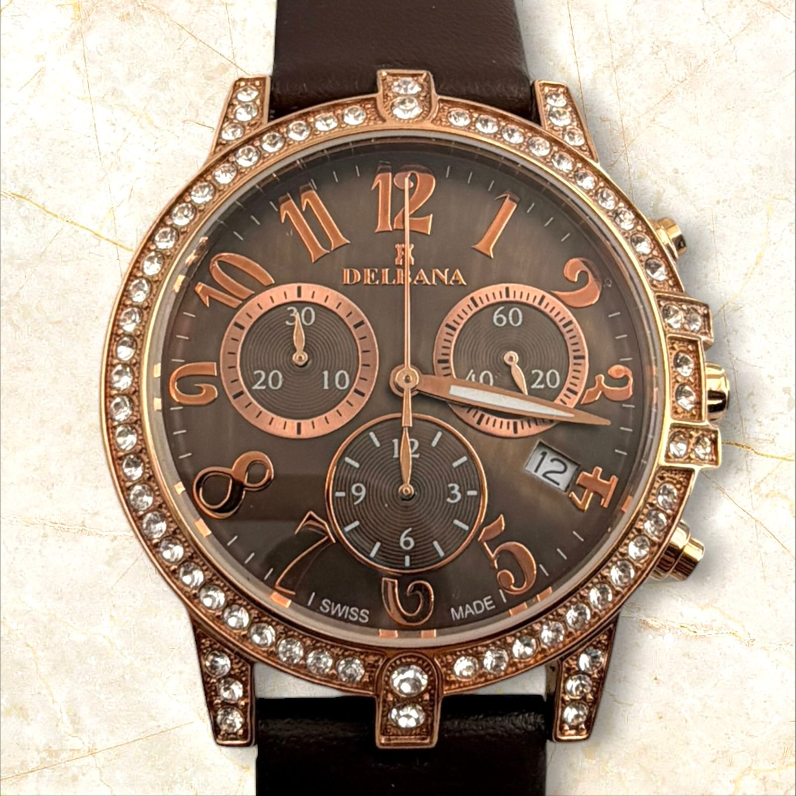 Delbana Swiss Made Chronograph Rose Gold / Brown - Чисто Нов (Пълен Комплект)