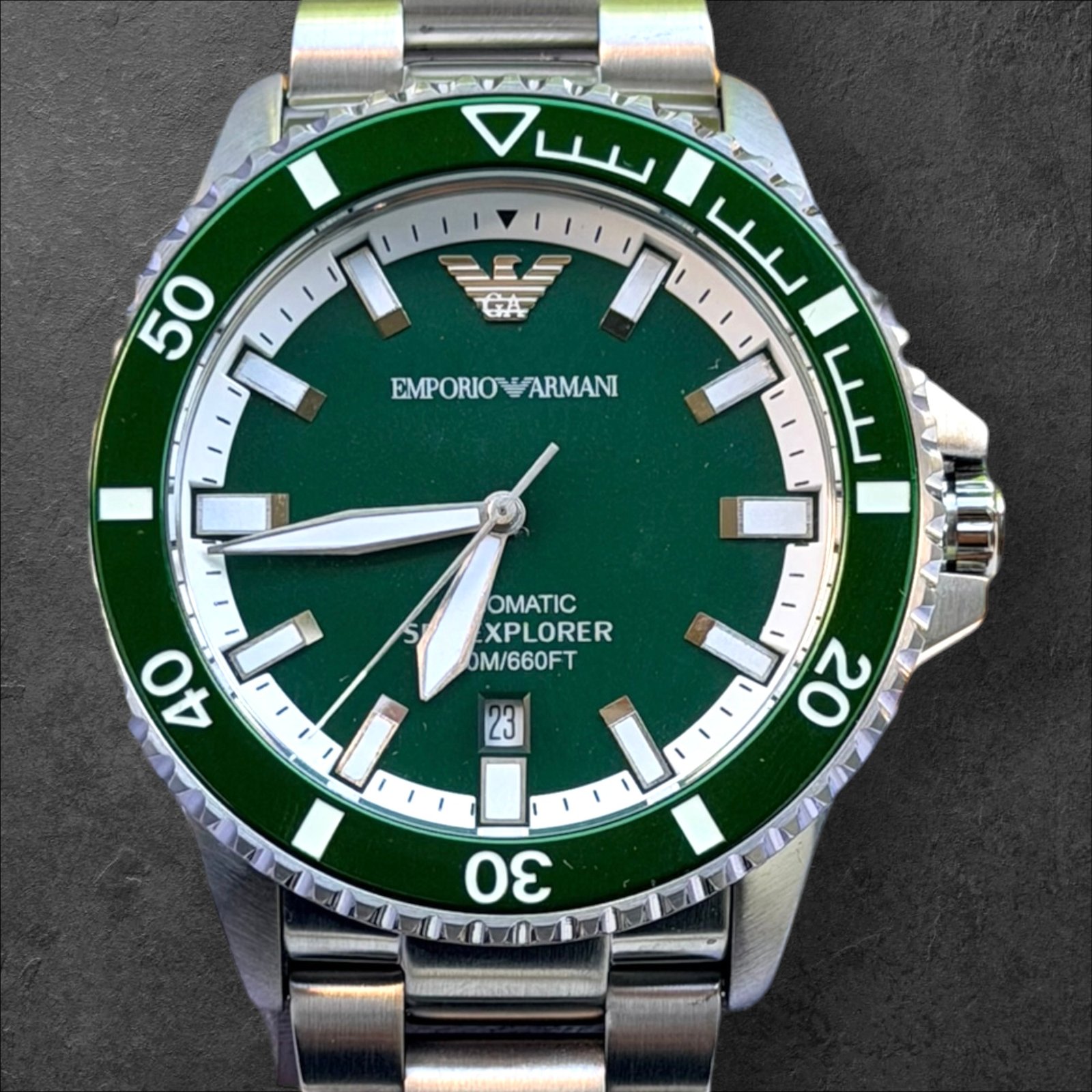 Чисто НОВ Emporio Armani Sea Explorer Automatic "Kermit Green" (200m / 20 ATM) – Пълен Комплект! Мъжки часовник